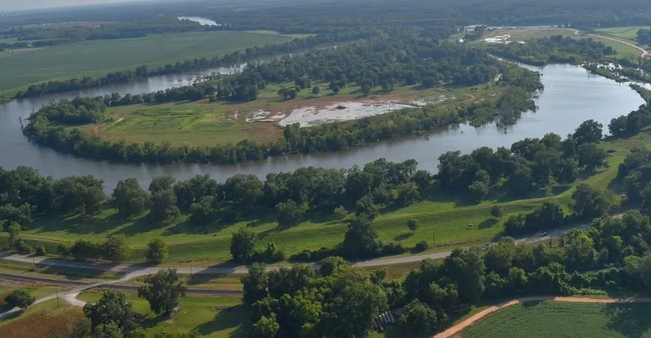Aerial view of the Red River bend and oxbow at River Island RV Park in Colfax, Louisiana